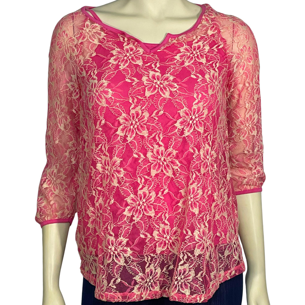 Vtg Y2K Ella Moss Sz 14 2-Pc Set Sheer Stretch Lace Top + Matching Cami Pink New